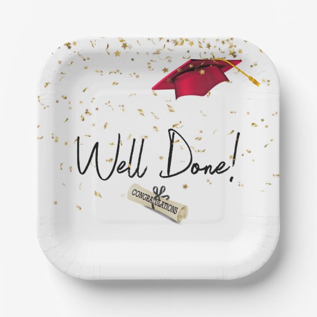 Gut gefertigter Abschluss Gold Confetti mit roter  Pappteller (Vorderseite)