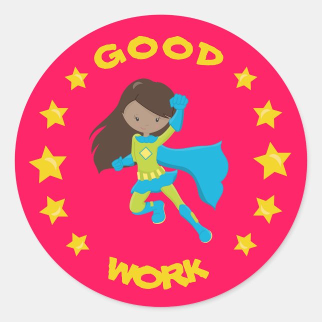 Gute Arbeit Super Hero Black Girl School Bildung Runder Aufkleber (Vorderseite)