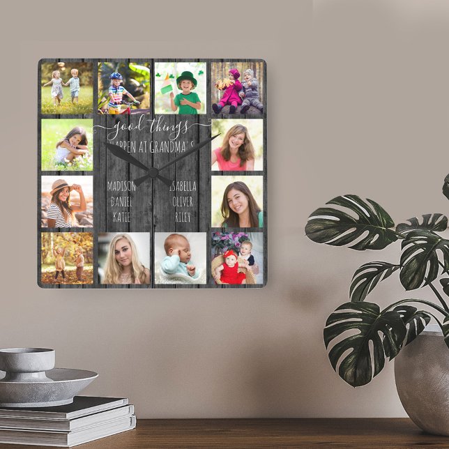 Gute Dinge passieren bei Oma's 12 Foto Graues Holz Quadratische Wanduhr (Photo gift for grandma - editable template with 12 pictures)