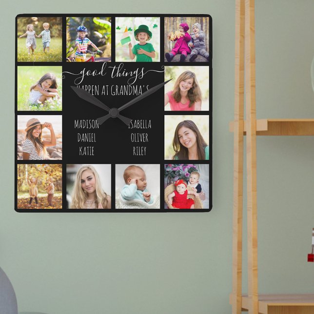 Gute Dinge passieren in Oma's 12 Foto Black Quadratische Wanduhr (Grandparent photo gift with grandkids names and photos)
