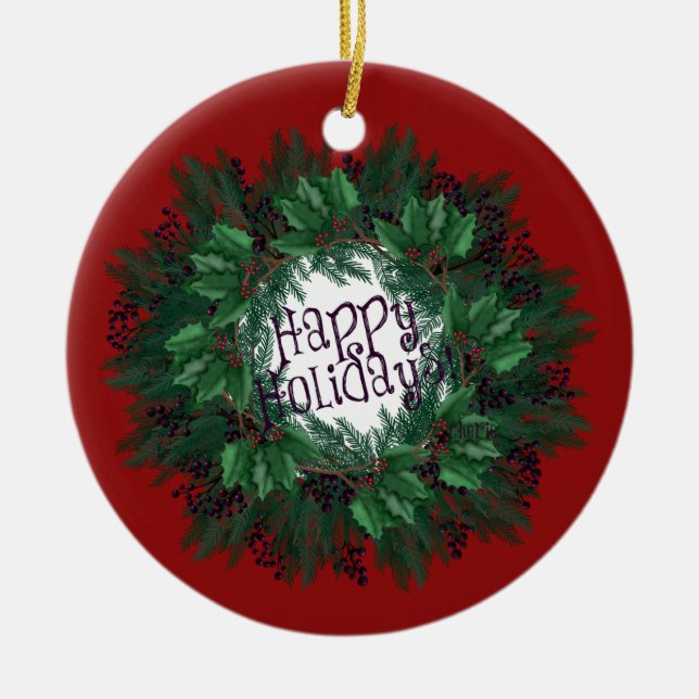 Gute Ferien! Holly Berries Christmas Wreath Keramik Ornament (Vorne)