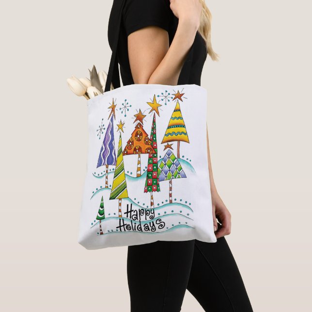 Gute Ferien! Niedliche Weihnachtsbäume mit Sternen Tasche (Von Nahem)