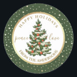 Gute Ferien. Weihnachtsbaum Custom Runder Aufkleber<br><div class="desc">Gute Ferien. Elegantes Weihnachtsbaum-Design mit goldenen Rahmen und Muster personalisierte Weihnachtsaufkleber mit personalisierten Namen und Text. Matchkarten und Geschenke für Weihnachten | Neujahr Kategorie unseres Lagers</div>