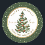 Gute Ferien. Weihnachtsbaum Custom Runder Aufkleber<br><div class="desc">Gute Ferien. Elegantes Weihnachtsbaum-Design mit goldenen Rahmen und Muster personalisierte Weihnachtsaufkleber mit personalisierten Namen und Text. Matchkarten und Geschenke für Weihnachten | Neujahr Kategorie unseres Lagers</div>