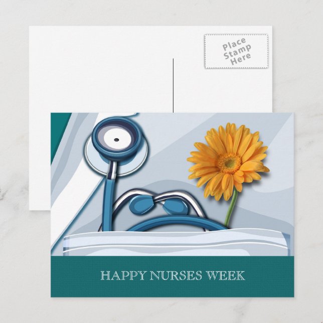 Gute Krankenwoche. Stethoscope und Daisy Postkarte (Vorne/Hinten)