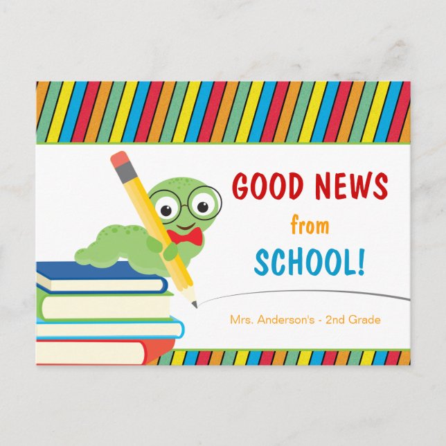 Gute Nachrichten aus der Schule mit Bookworm Postkarte (Vorderseite)