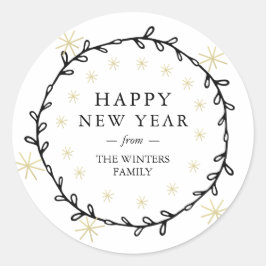 Gute Neujahrsgeschichte Laurel Wreath Gold Stars N Runder Aufkleber