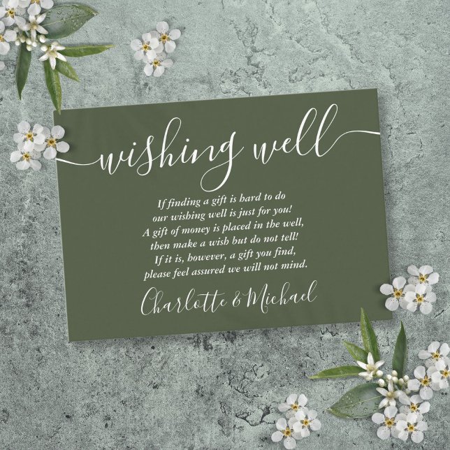 Gute Signatur-Skript Olive Green Wedding Begleitkarte (Wishing Well Signature Script Olive Green Wedding Enclosure Card)