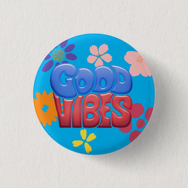 Gute Vibes-Blasen-Buchstaben u. Hippy Blumen Button (Vorderseite)