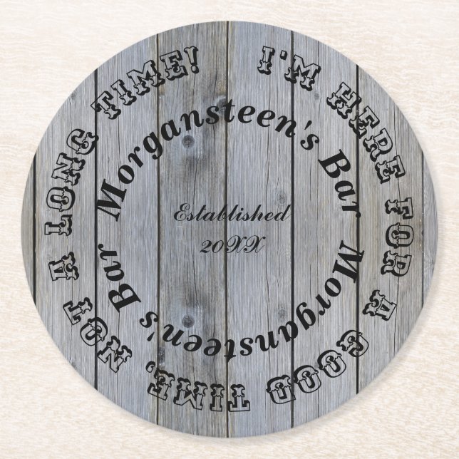 Gute Zeit, Holz aussehen Bar oder Mann Höhle Name Runder Pappuntersetzer (Vorderseite)