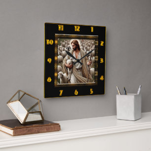 Guten Hirten John 10:7 Glorious Shepherd Quadratische Wanduhr