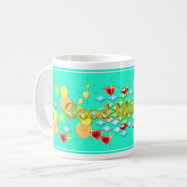 Guten Morgen, fröhlich und glücklich Kaffeetasse (Vorderseite Links)