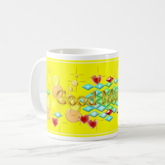 Guten Morgen, fröhlich und glücklich Kaffeetasse (Vorderseite Links)