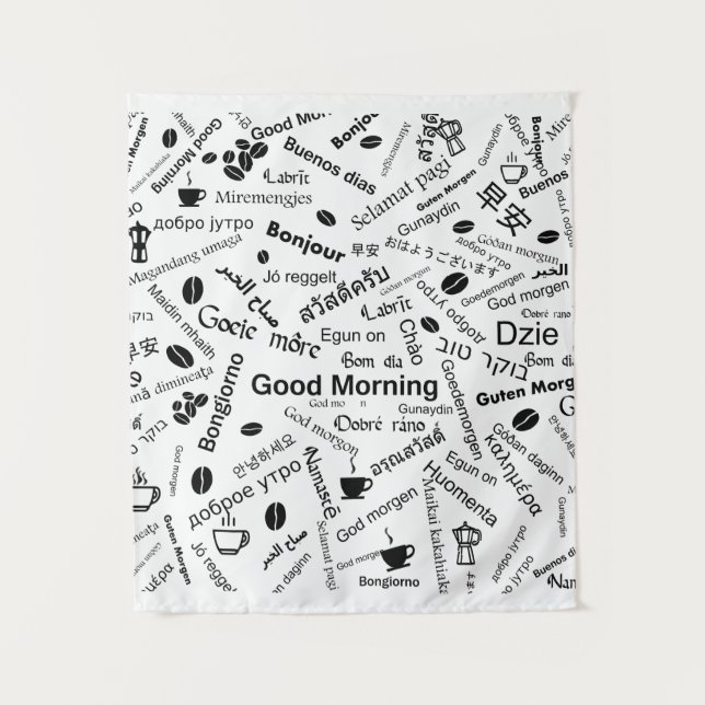 Guten Morgen in allen Sprachen des Wortes Wandteppich (Vorderseite)