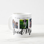 Guten Morgen | Moderne Typografie Vier-Foto-Gitter Kaffeetasse<br><div class="desc">Diese stilvolle Schwarz-Weiß-Tasse hat Platz für vier Ihrer quadratischen Fotos und sagt "Guten Morgen" in der modernen schwarzen Typografie. Personalisieren Sie Ihre Nachricht und Ihren Namen an der oberen Grenze.</div>