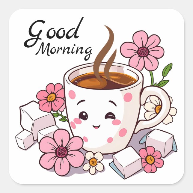 Guten Morgen | Niedlicher Kawaii-Kaffee Quadratischer Aufkleber (Vorderseite)