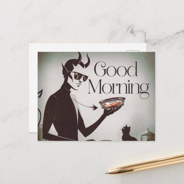 Guten Morgen Teufel Fütternd Katzenverwandtschaft Postkarte (Vorderseite/Rückseite Beispiel)