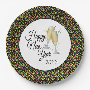 Guten Rutsch ins Neue Jahr, bunter Confetti, Pappteller