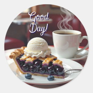 Guten Tag   Blaubeerkuchen, Eiscreme und Kaffee Runder Aufkleber