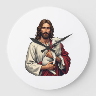 Guter Hirte Jesus Vintage Gravur Tee 2 Große Wanduhr