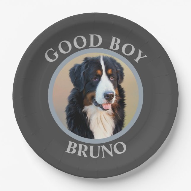 Guter Junge Hund fügen Fototext Kunst grau moderne Pappteller (Vorderseite)