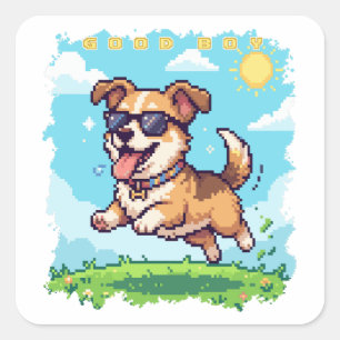 Guter Junge Pixel Welpe Retro-Spiele-Design Quadratischer Aufkleber