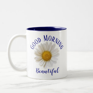 Guter Morgen Blauer Text White Daisy Zweifarbige Tasse