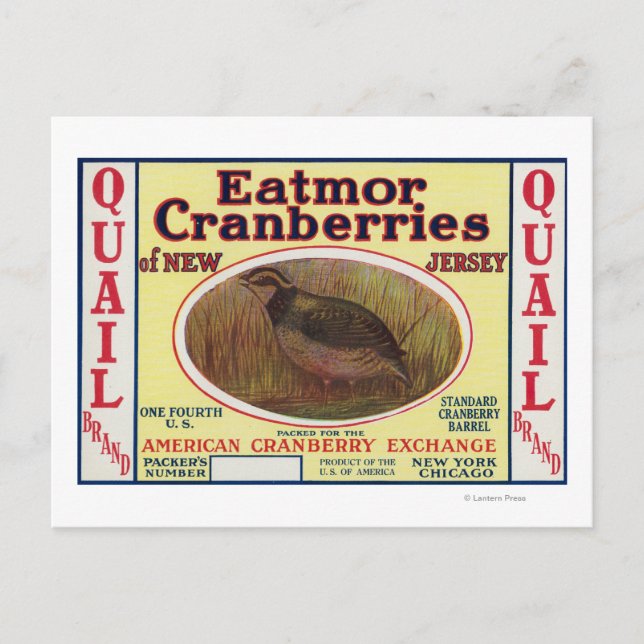 Gütesiegel "Quail Eatmor Cranberries" Postkarte (Vorderseite)