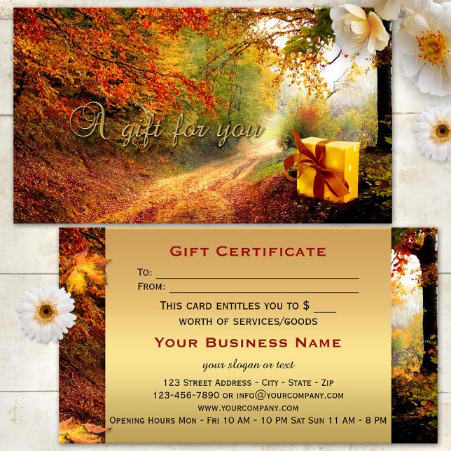 Gutschein für Herbst-Wälder (A beautiful fall gift certificate featuring an image of a package in the forest - with gold)