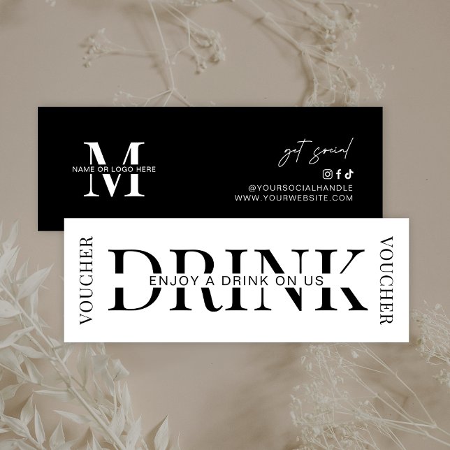 Gutschein für Minimalistische Firmenlogos Mini Visitenkarte (Minimalist free drink voucher in black and white and space for your logo or monogram)