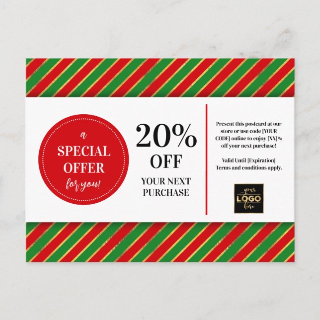 Gutscheinrabatt für Weihnachten Red Green Custom Postkarte (Vorderseite)