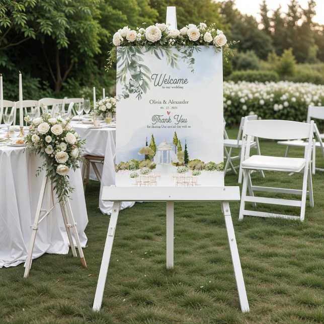 Gutsgarten Pavillon Hochzeits Willkommensschild Poster (Estate Garden Pavilion Wedding Welcome Sign | Watercolor Outdoor Garden Wedding Welcome Poster)