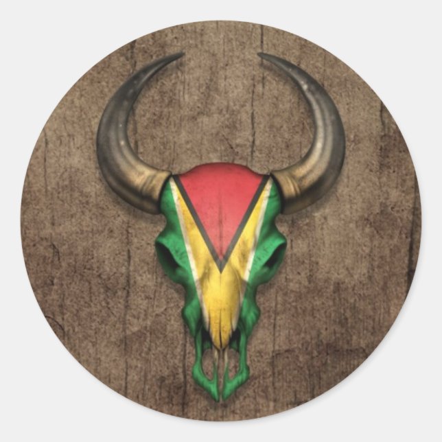 Guyana Flag Bull Skull über den Holzeffekt Runder Aufkleber (Vorderseite)