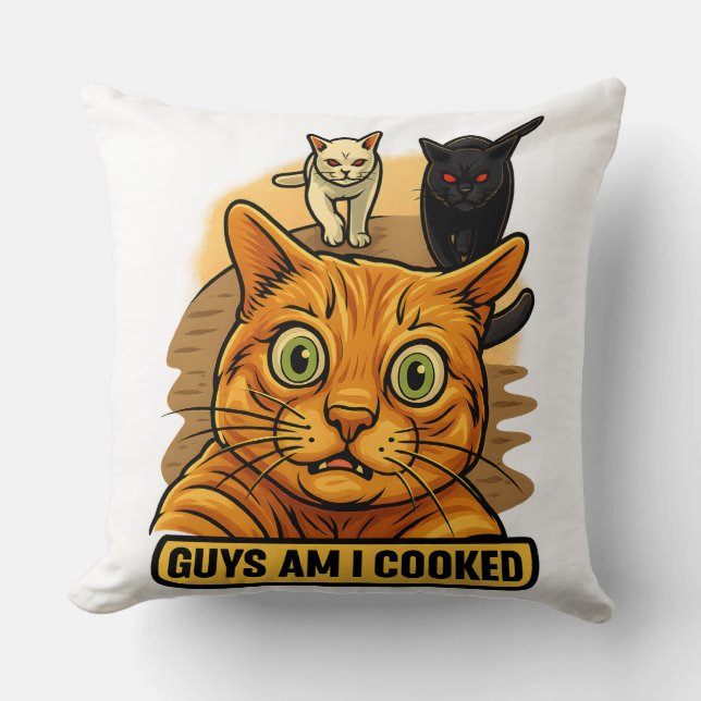 Guys Am I Cooked? Funny Cat Meme Panic Reaction Kissen (Vorderseite)