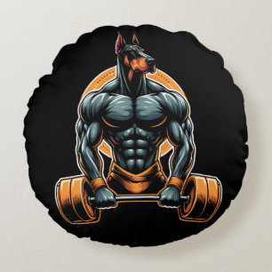 GYM Doberman Hundbodybuilder Power-Lifter Rundes Kissen