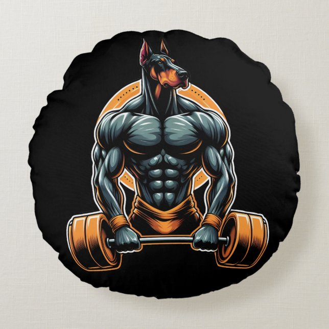 GYM Doberman Hundbodybuilder Power-Lifter Rundes Kissen (Vorderseite)