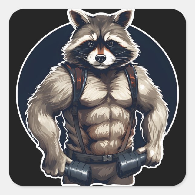 GYM Raccoon Workout Quadratischer Aufkleber (Vorderseite)