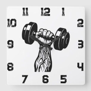 Gym Time Wall Clock Hand Dumbell Design Quadratische Wanduhr