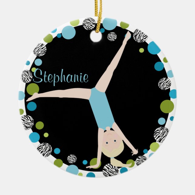 Gymnast-Blondine im Aqua und in grünem Keramik Ornament (Vorne)