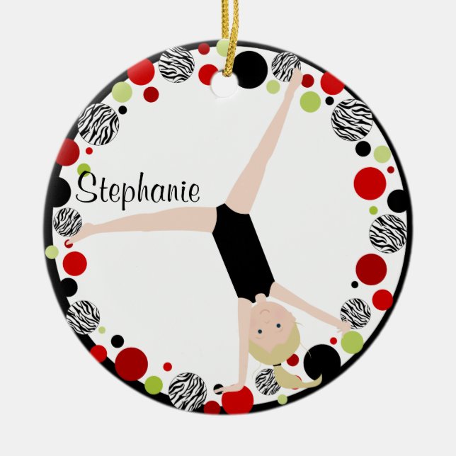 Gymnast-Blondine in rotem, schwarzem u. grünem Keramik Ornament (Vorne)