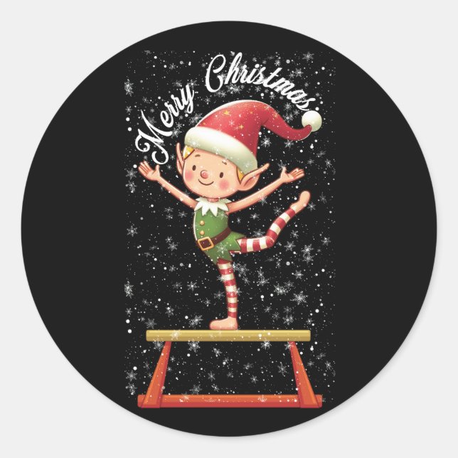 Gymnast Elf auf Balance Beam Xmas Gymnastik Christ Runder Aufkleber (Vorderseite)