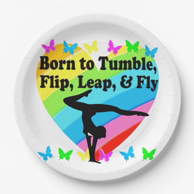 GYMNAST GEBOREN ZU TUMBLE UND FLY-DESIGN PAPPTELLER (Vorderseite)