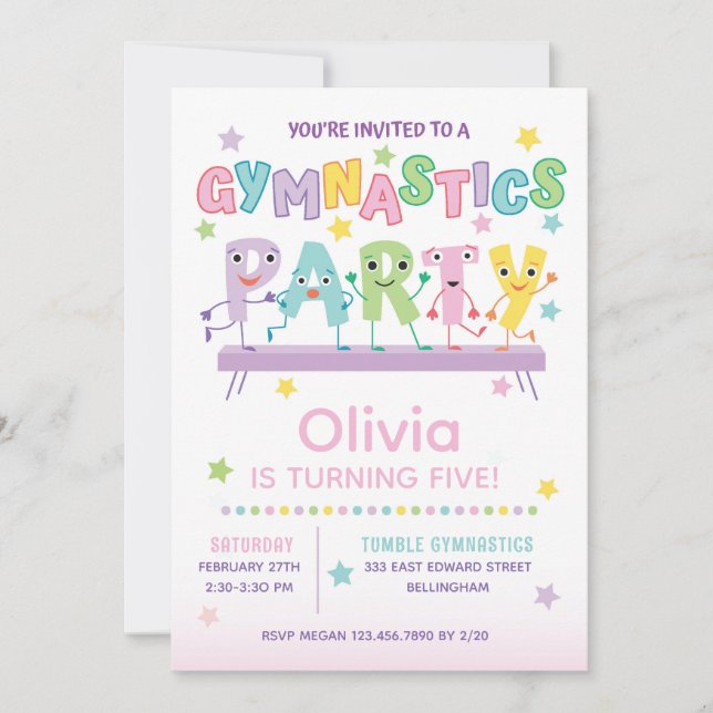 Gymnastics Birthday Party for Girl Einladung (Vorderseite)