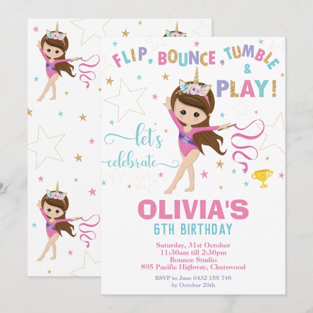 Gymnastics Birthday Unicorn Girl Gymnastics Party Einladung (Vorne/Hinten)