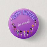 Gymnastics Friends "Happy Birthday" Lila Ombre Button<br><div class="desc">Gymnastik Freunde "Happy Birthday" Lila Ombre Party Design personalisiert mit dem Namen Ihres Turniers!</div>