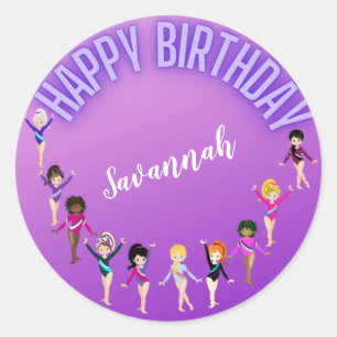 Gymnastics Friends "Happy Birthday" Lila Ombre Runder Aufkleber