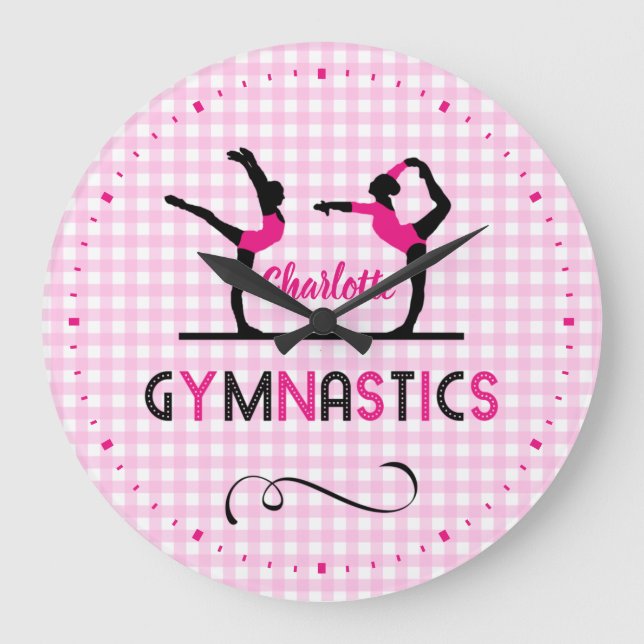 Gymnastics Gymnast Figures Cute Pink Personalized Große Wanduhr (Vorderseite)