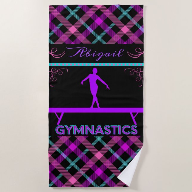 Gymnastik Beam Pink Lila Aquamarines Tartan Strandtuch (Vorderseite)