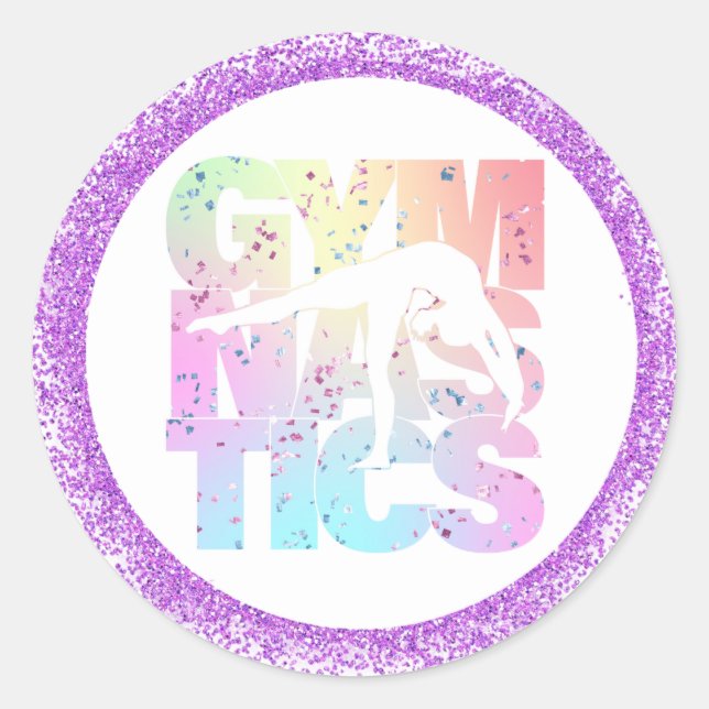 Gymnastik Confetti Briefe mit Lila Glitzer Runder Aufkleber (Vorderseite)