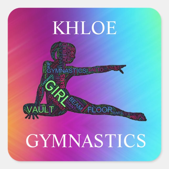 Gymnastik Farben Word Art Quadratischer Aufkleber (Vorderseite)